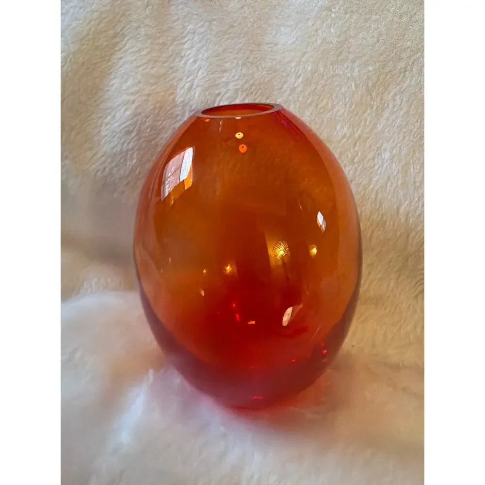 MCM Unsigned Art Glass Amberina Red Orange Ovoid Vase Rounded Heavy 5